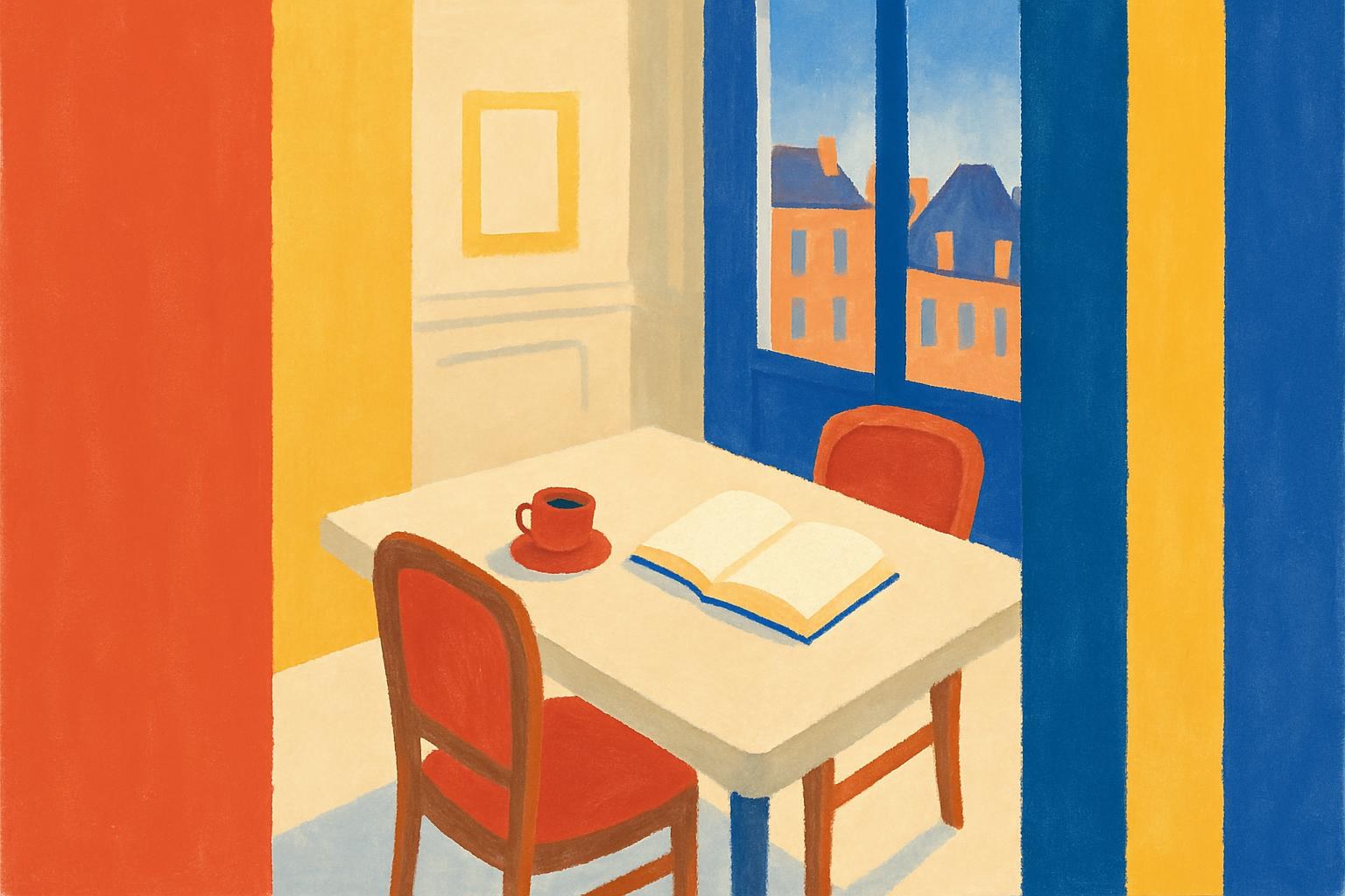 An empty, softly lit literary salon in Paris at dusk.