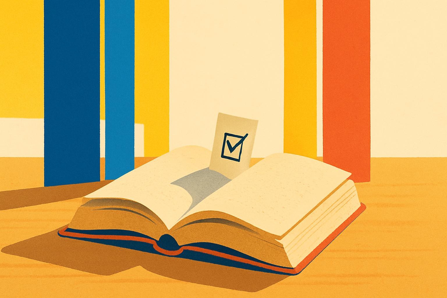 A pocket paperback lying open with a small paper ballot between its pages, lit by soft window light.