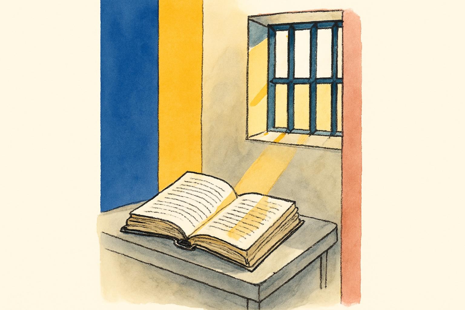 Un livre de poche ouvert sur une étagère près d'une fenêtre grillagée, éclairé par un mince rai de lumière.