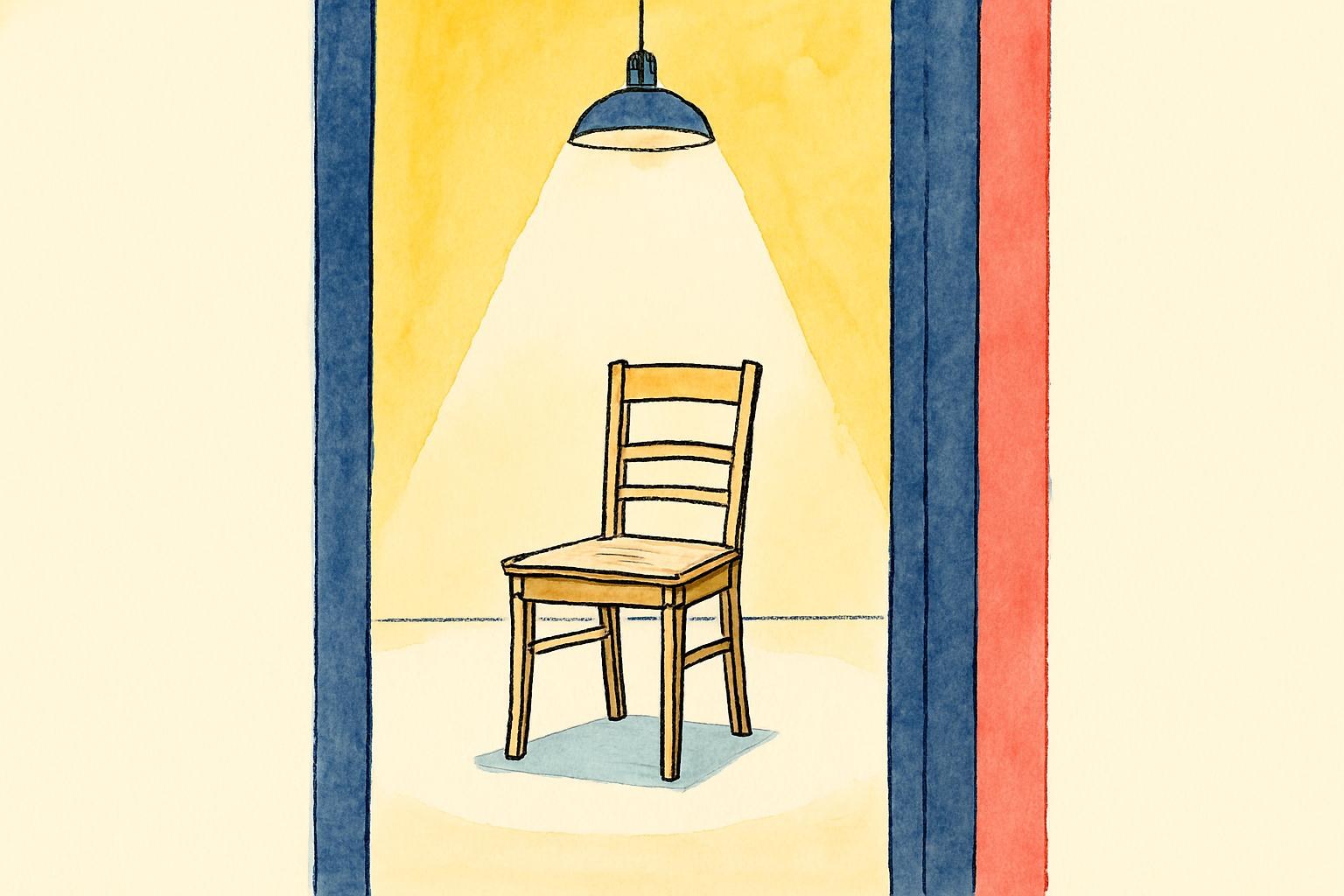 Una habitación vacía con una sola silla bajo una luz desnuda, que evoca la atmósfera inquietante de la novela de Katie Kitamura.