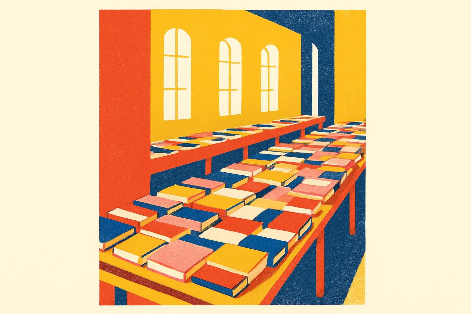 Filas de libros de cinco décadas dispuestos sobre largas mesas bajo una luz cálida, en una sala de exposiciones de Lausana.