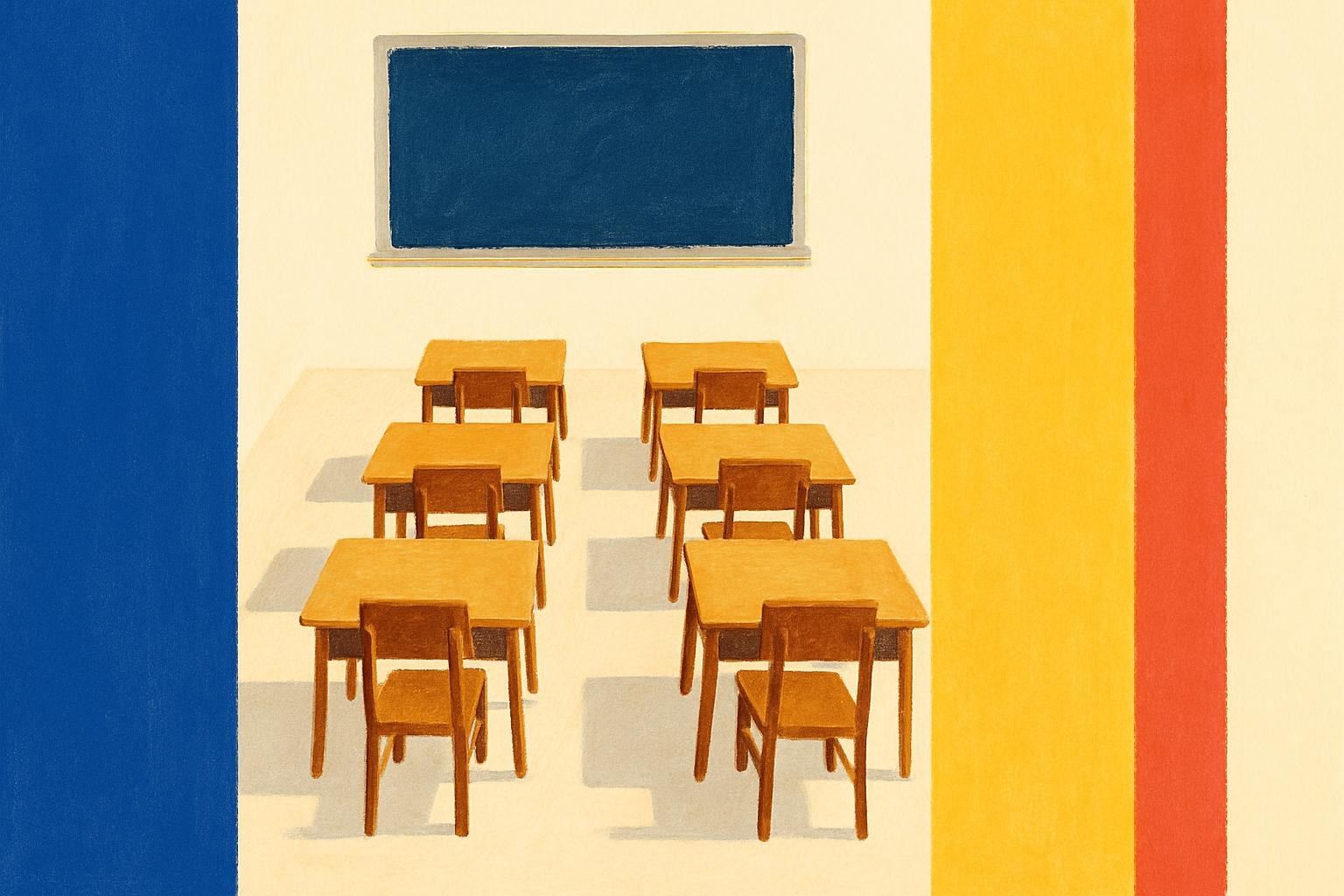 Une salle de classe vide baignée par la lumière déclinante de l'après-midi, des rangées de pupitres en bois silencieux.