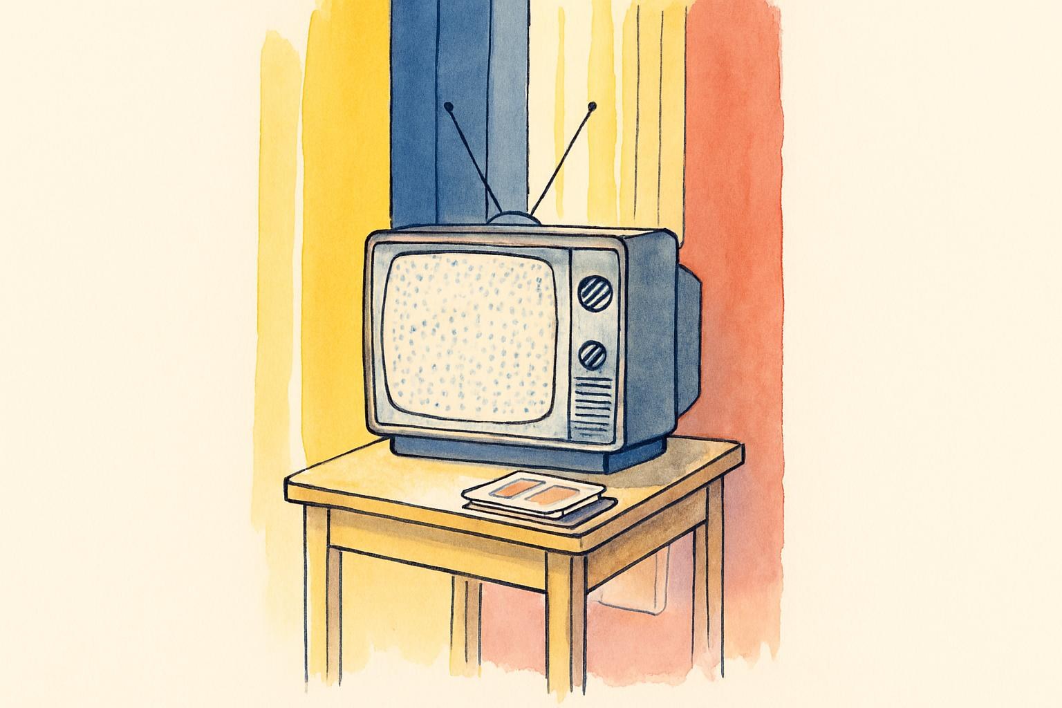 Une vieille télévision diffusant de la neige à côté d'une pile de photographies de famille, évoquant la quête d'une fille dans le passé public et privé de son père.