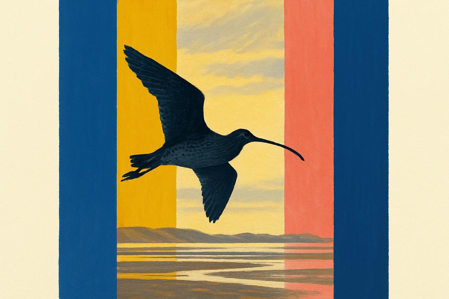 A curlew flies low over an estuary at dusk, wings spread against a grey-gold sky.
