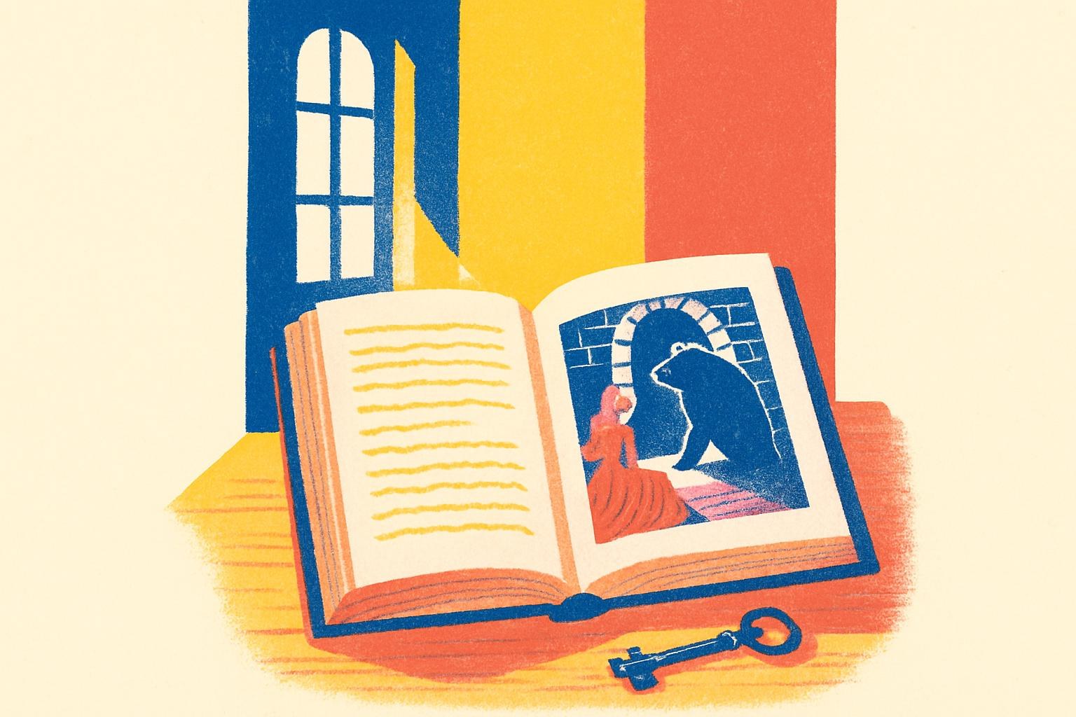 Un antiguo libro de cuentos y una pequeña llave sobre un escritorio iluminado por la luz de la mañana.