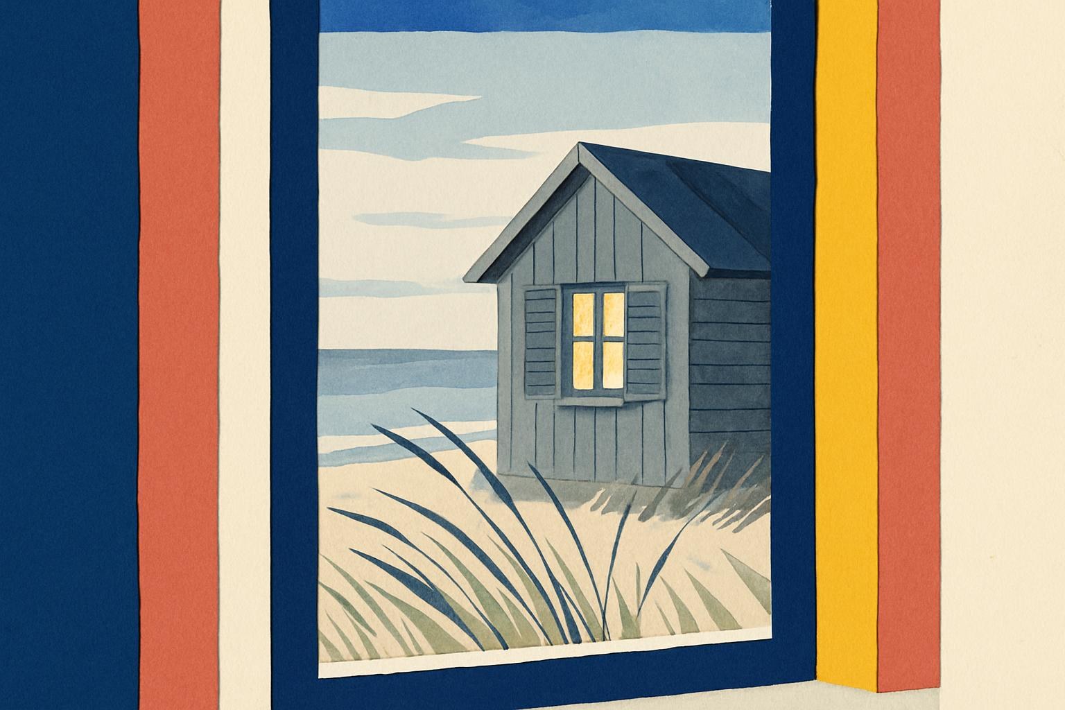 Una casa de madera con postigos cerrados en una playa escandinava al atardecer, con una ventana iluminada.