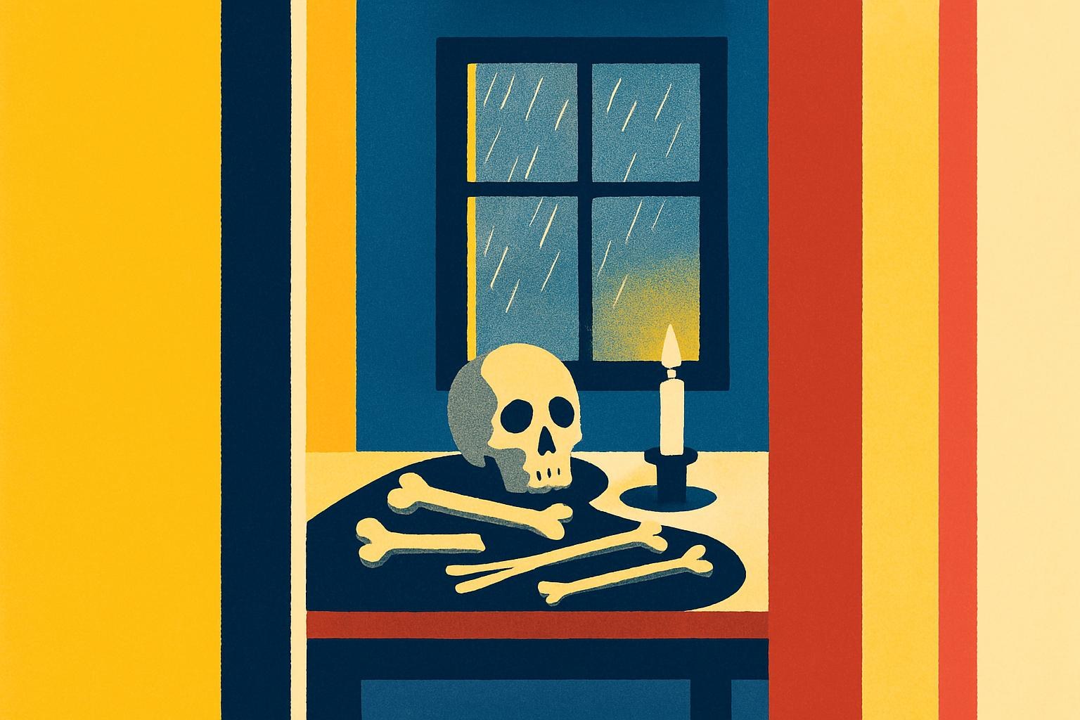 Une pièce sombre où la pluie tombe contre la vitre et des os sont disposés sur une table, éclairés par une bougie.