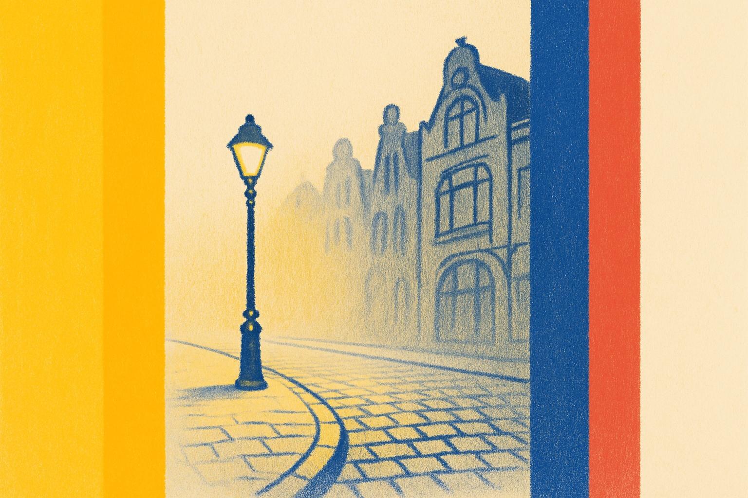 A foggy, comic-book-style street in 1960s Brussels at night, lit by a single lamp.
