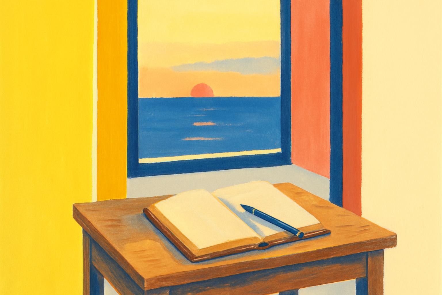 A writer's desk by a window overlooking the ocean in Dakar at dusk.