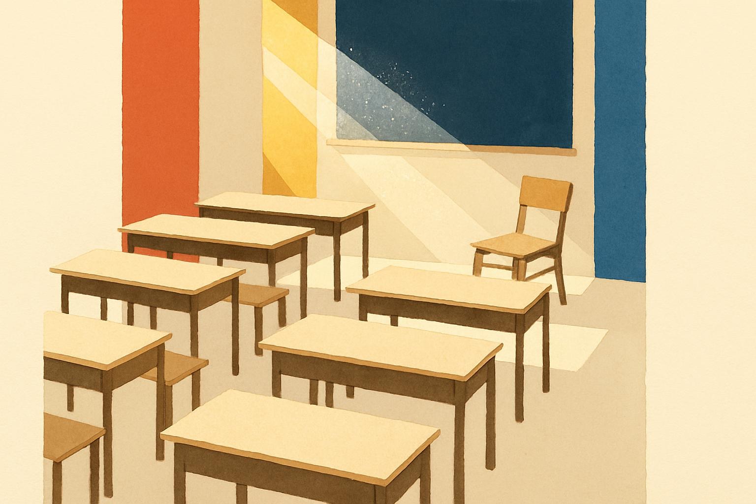 Une salle de classe vide baignée de lumière de fin d'après-midi, évoquant la solitude des professeurs.