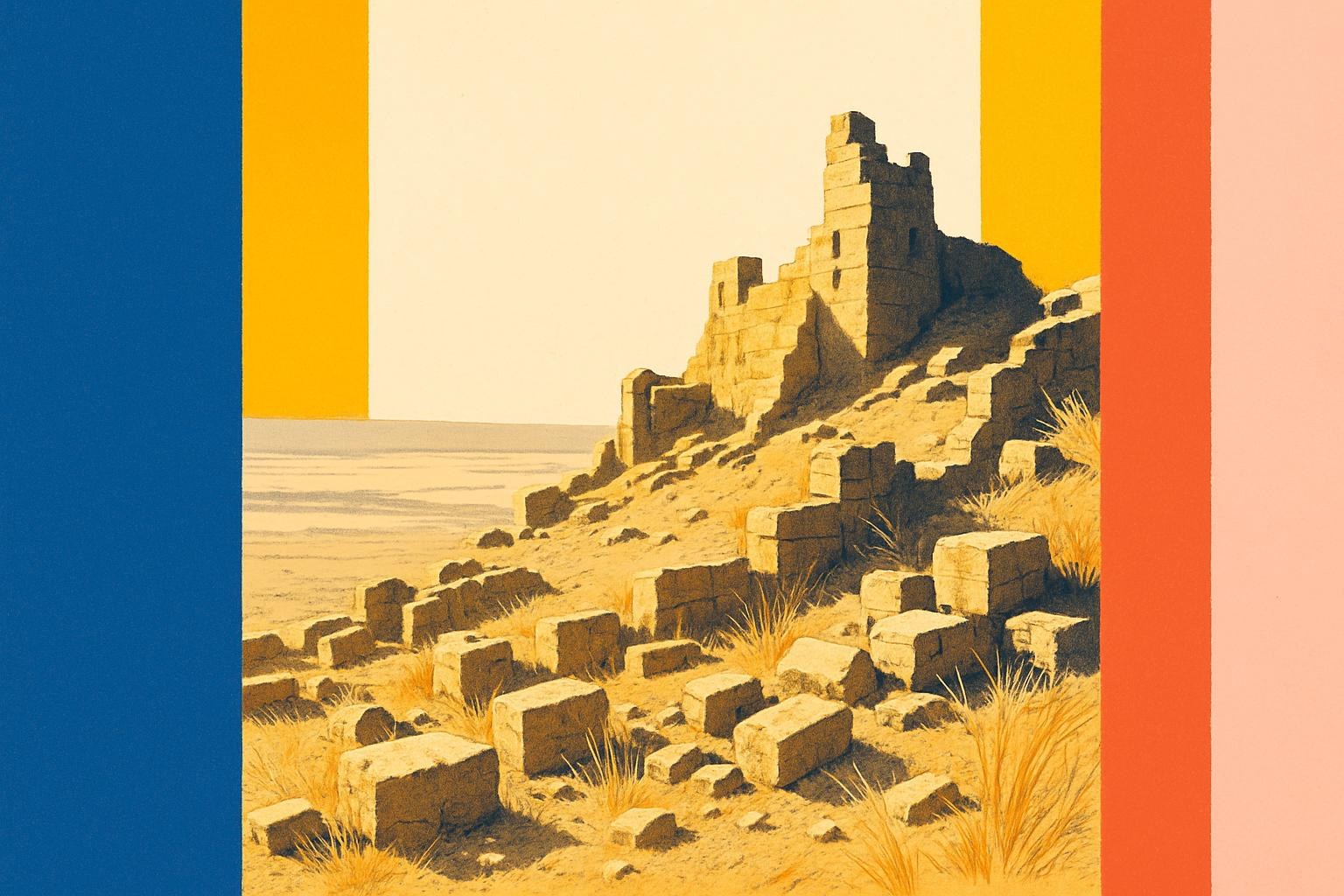 Sun-bleached ruins of an ancient citadel on a dry hillside at dusk.