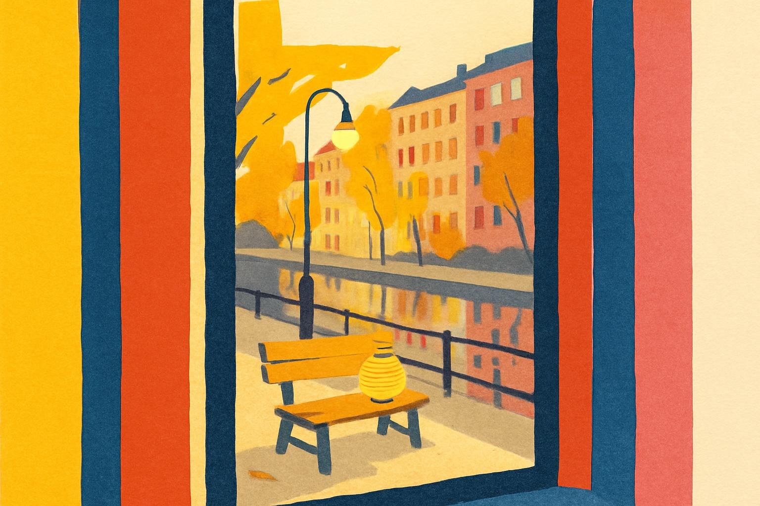 Une rue de Berlin au crépuscule avec une lanterne isolée sur un banc au bord d'un canal.
