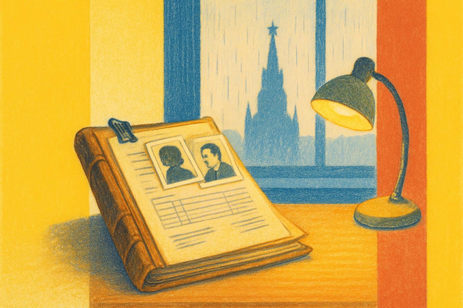 Un dossier ouvert de documents anciens sur un bureau, avec la silhouette du Kremlin visible à travers une fenêtre pluvieuse au crépuscule.