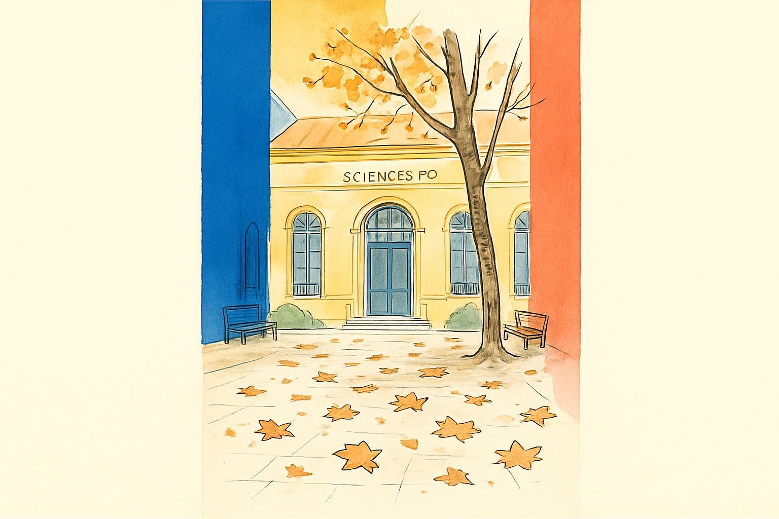 Une cour d'automne déserte à Sciences Po Paris, avec des feuilles de platane éparpillées sur le pavé de pierre.