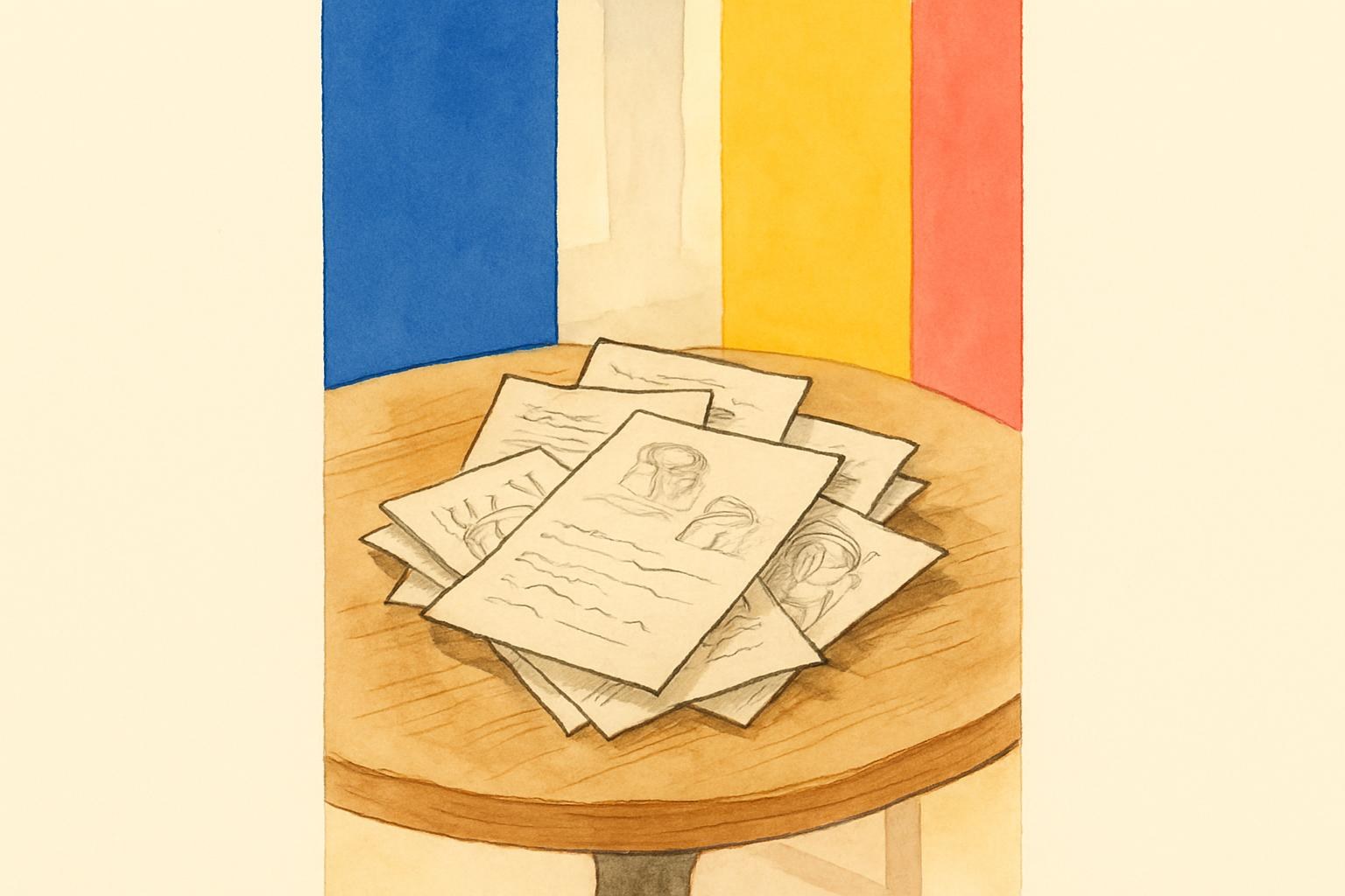 Cartas manuscritas amarillentas y bocetos a tinta sobre una mesa de café, iluminados por una luz pálida de ventana.