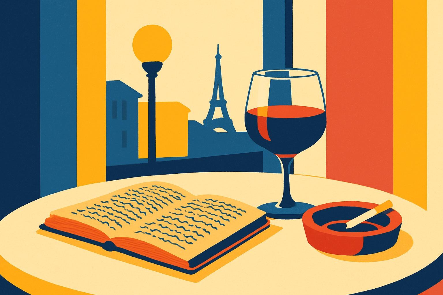 An open notebook with handwritten pages on a café table at dusk, beside a glass of wine.