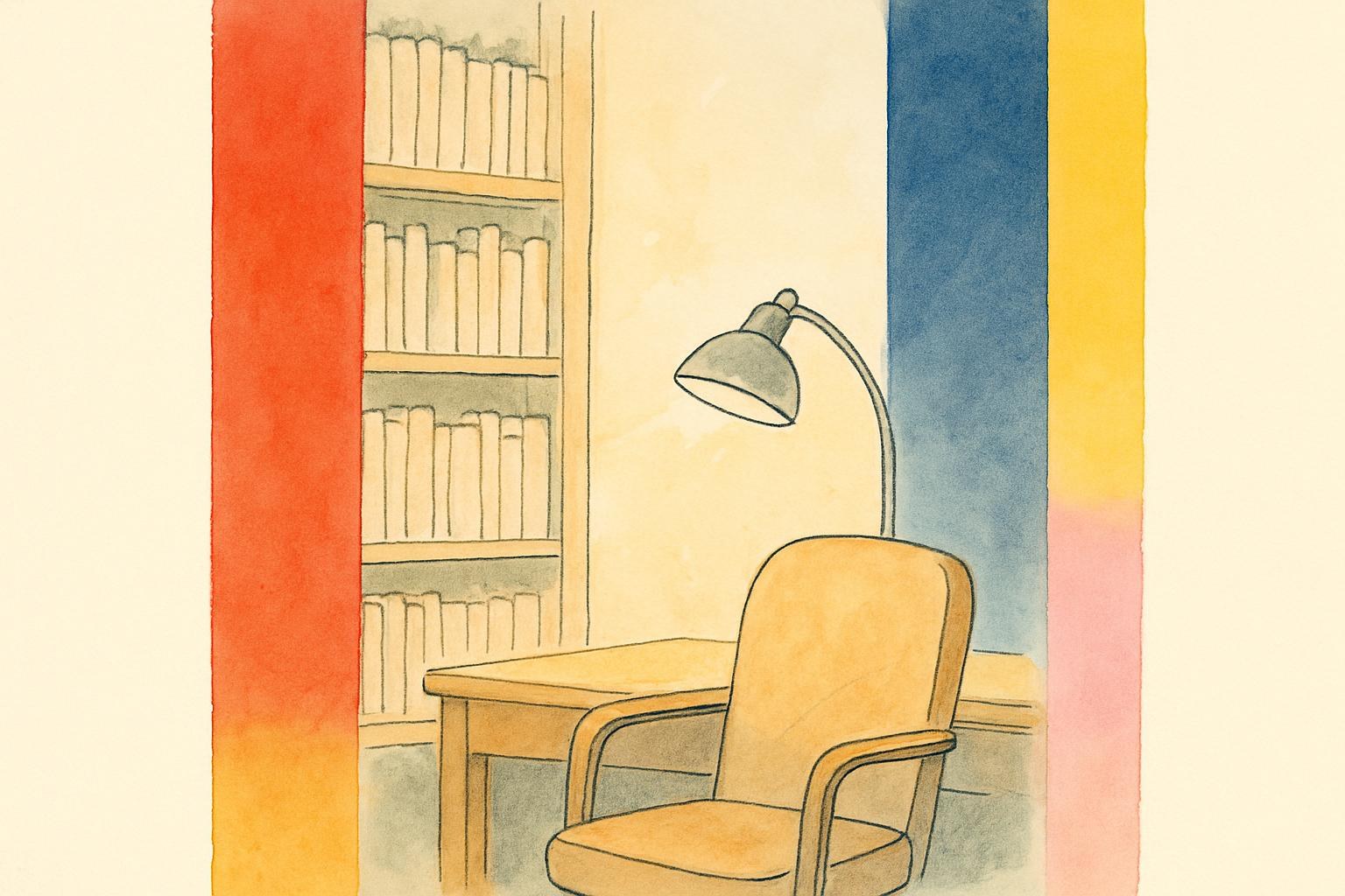 A dim, empty publisher's office with shelves of worn paperbacks lit by a single desk lamp.