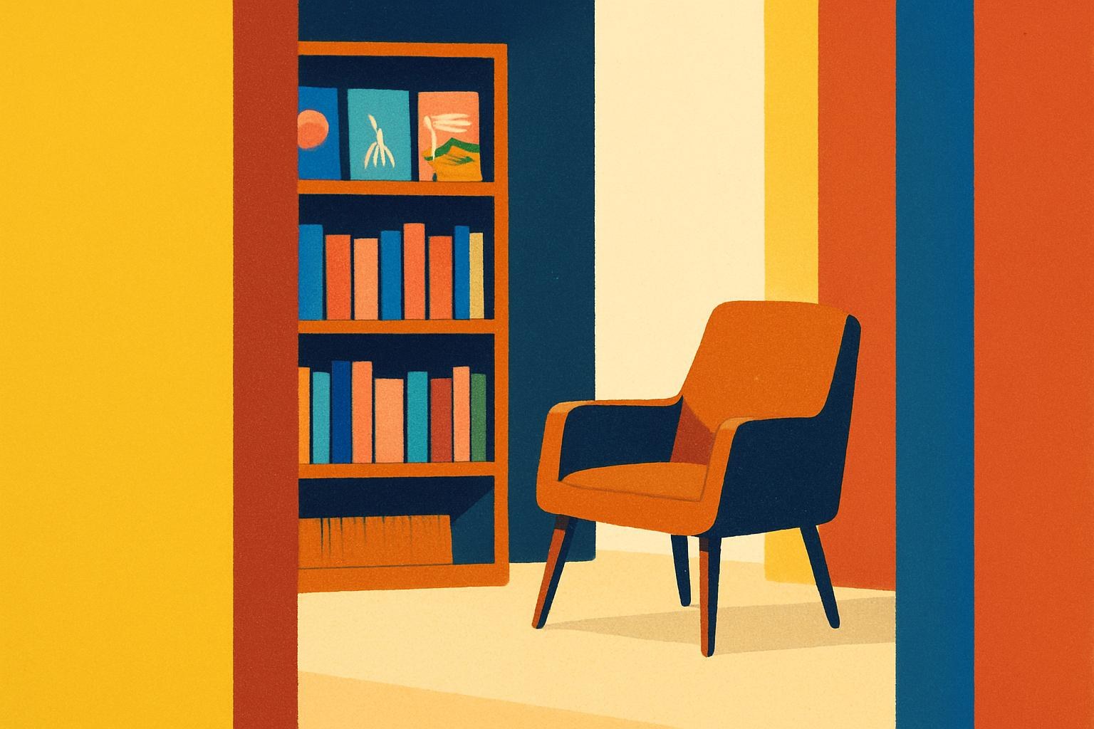 Una estantería suavemente iluminada con viejos libros de bolsillo de ciencia ficción, junto a un sillón de lectura vacío.