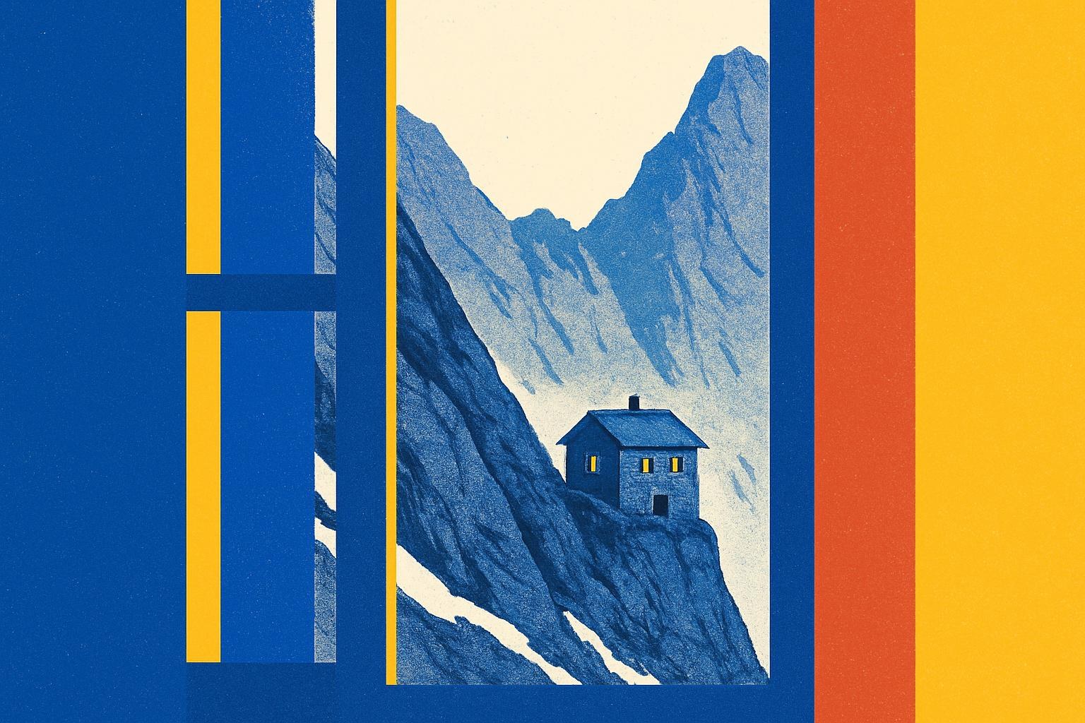 Un chalet de piedra aislado en una empinada ladera alpina al atardecer, que evoca el encierro montañoso de la novela de Sophie Divry.