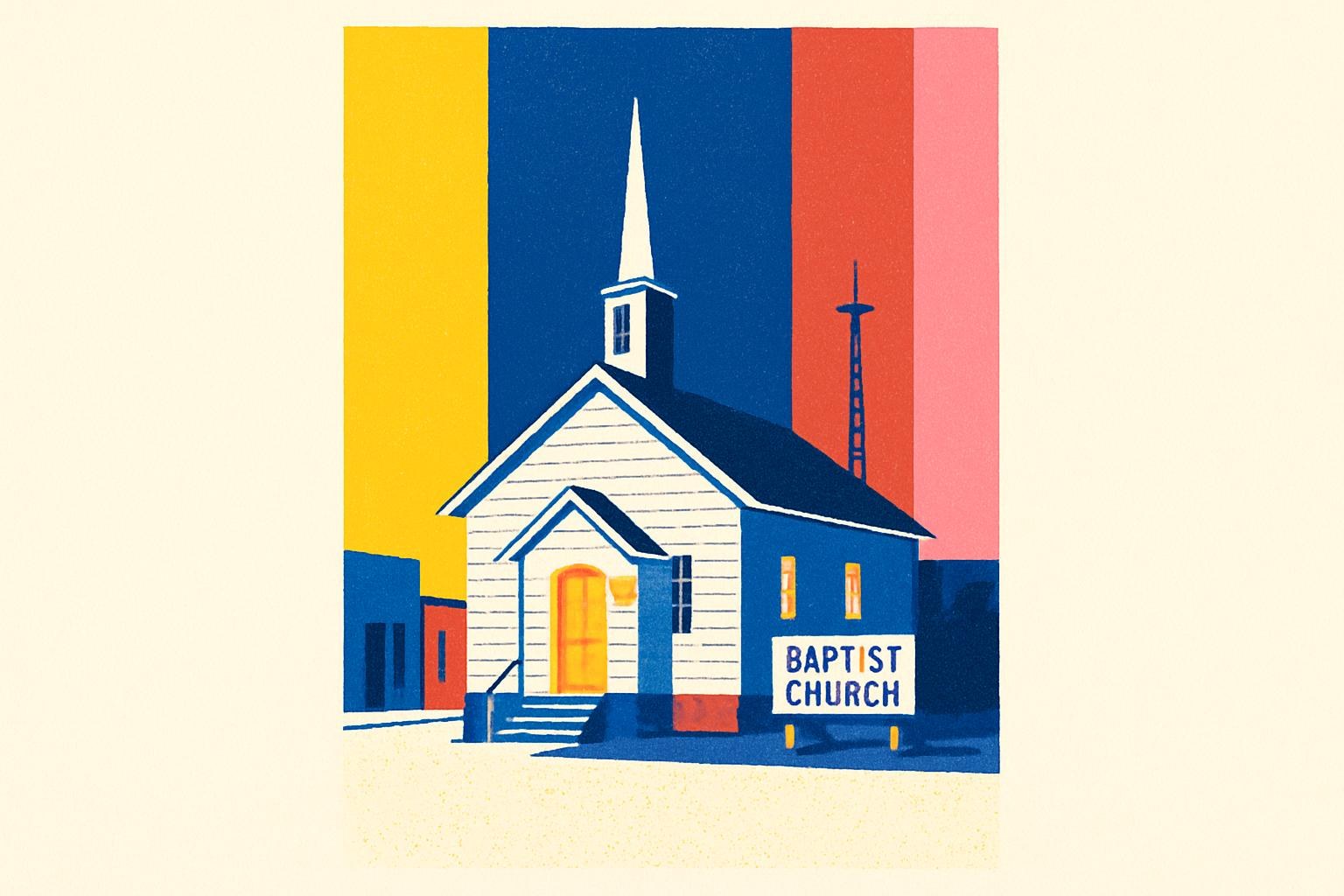 A small-town Baptist church at dusk in the fictional Mississippi setting of the novel, with a radio antenna visible nearby.