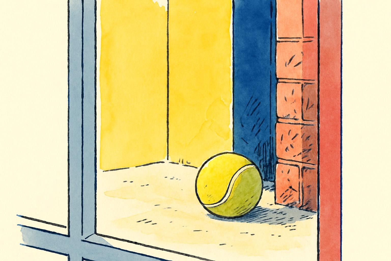 Une balle de tennis repose près d'un mur de brique usé par des impacts répétés, sous une lumière d'été.
