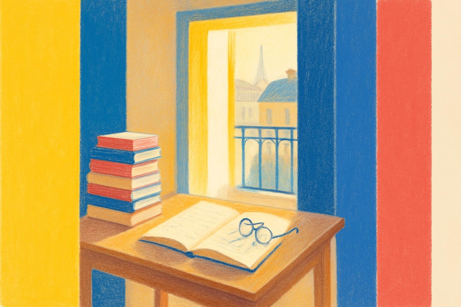 Un bureau avec des piles de livres étrangers à côté de leurs traductions françaises, éclairé par la lumière de fin d'après-midi.