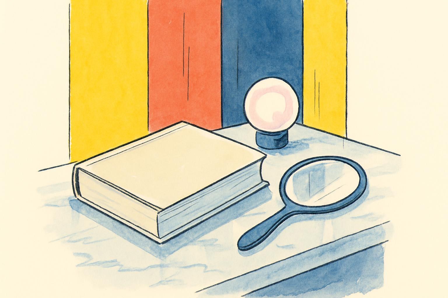 A closed novel on a dressing-room vanity beside a mirror and an unlit bulb.