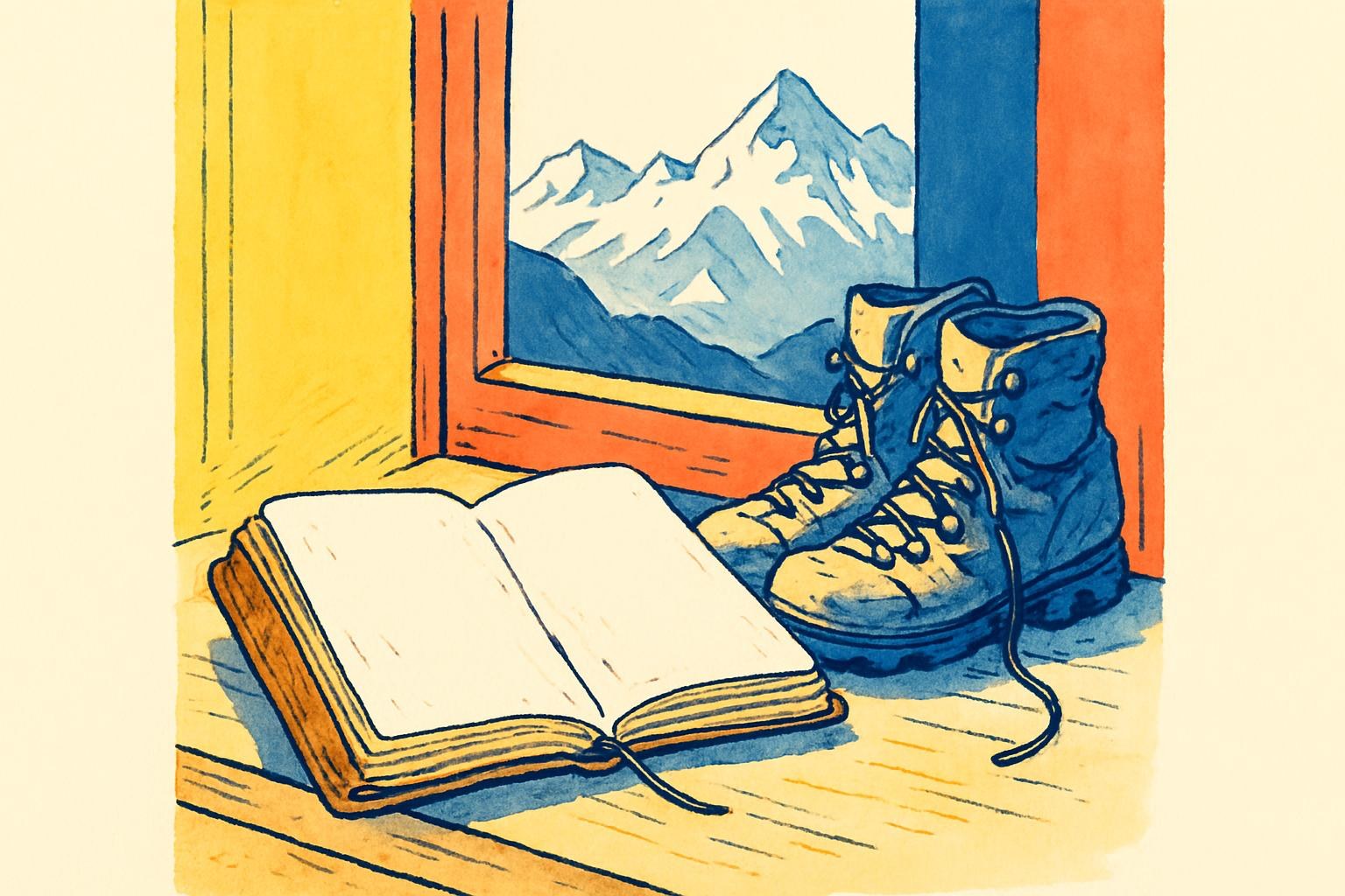 A notebook and climbing boots on a table before a window looking out on snowy mountain peaks.