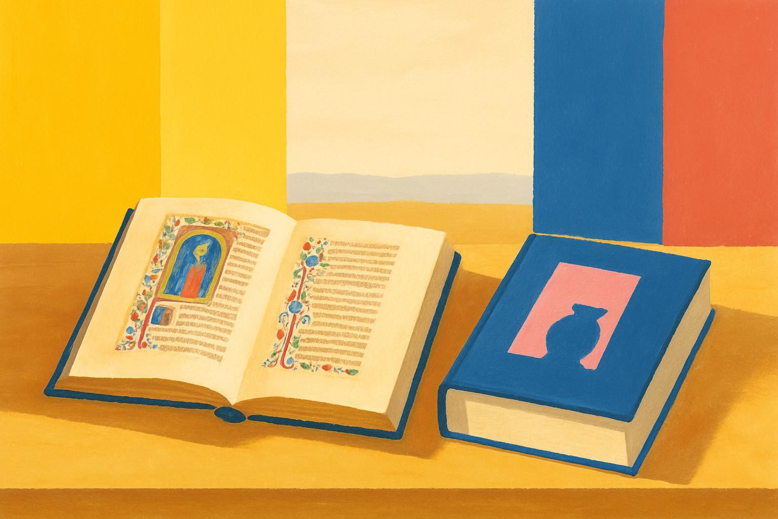 Una página de manuscrito medieval iluminado junto a un libro moderno sobre una mesa de madera, iluminada por una suave luz de tarde.