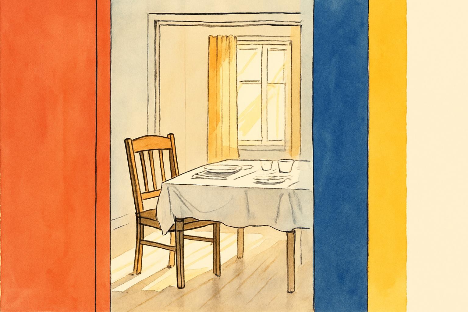Une chaise vide devant une table familiale nue, baignée de lumière, avec des couverts intacts.