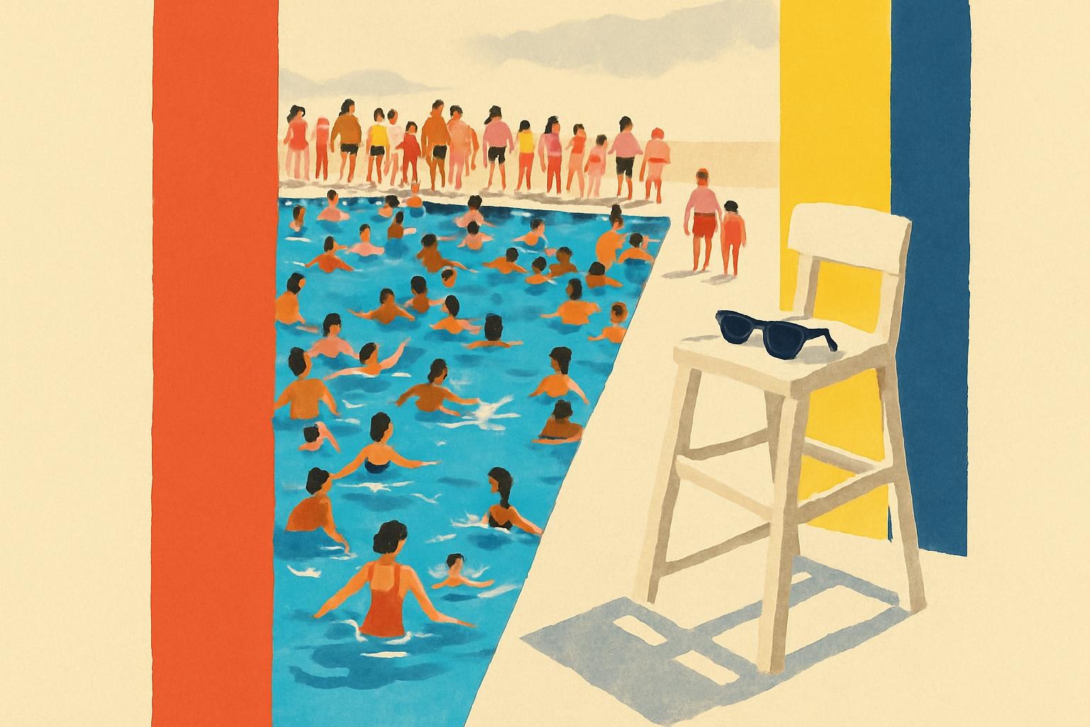 Una silla de socorrista vacía junto a una piscina municipal abarrotada, de azul eléctrico, en 1969.