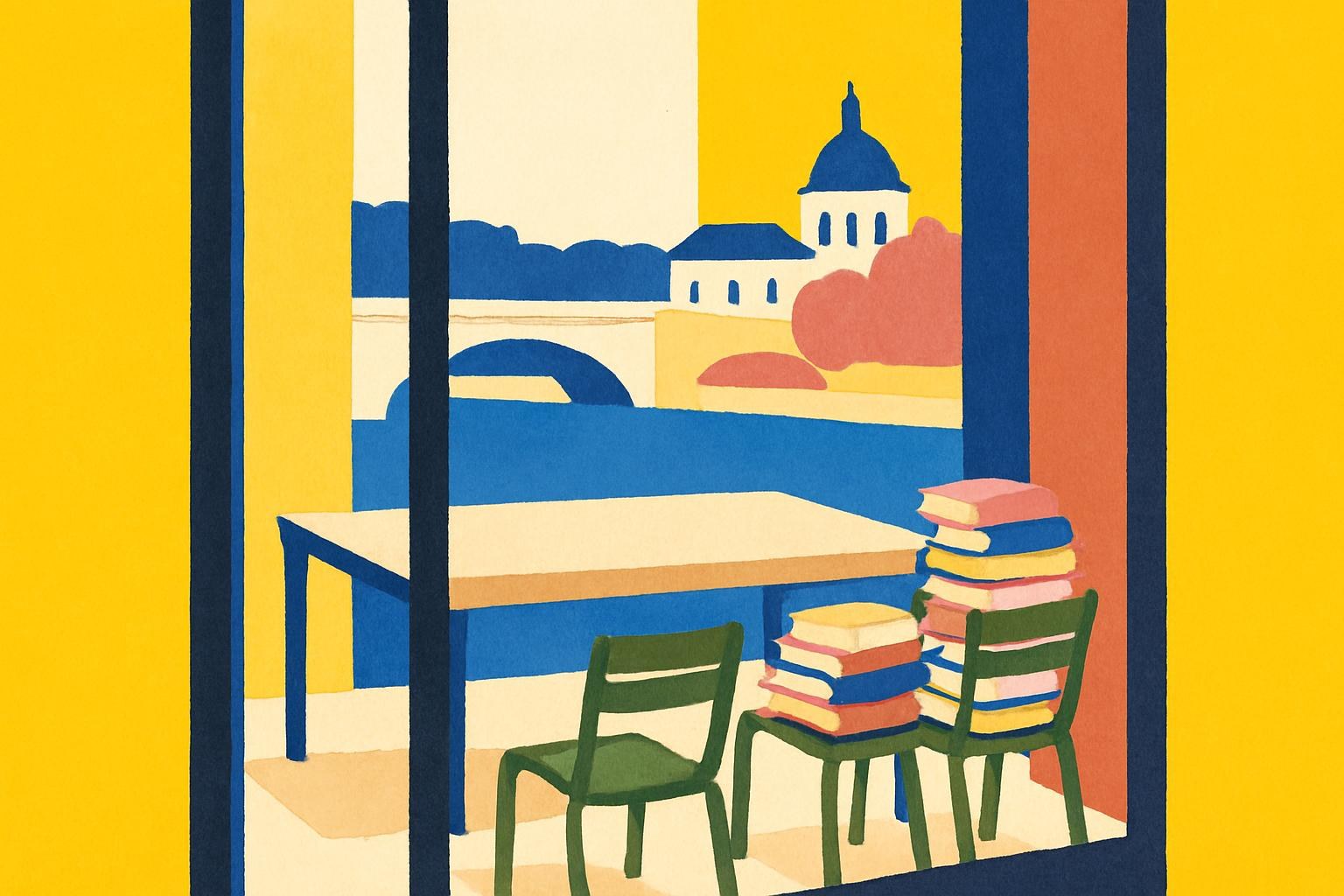 Une table de jury vide au bord de la Seine, avec des piles de livres sur des chaises vertes de quai.