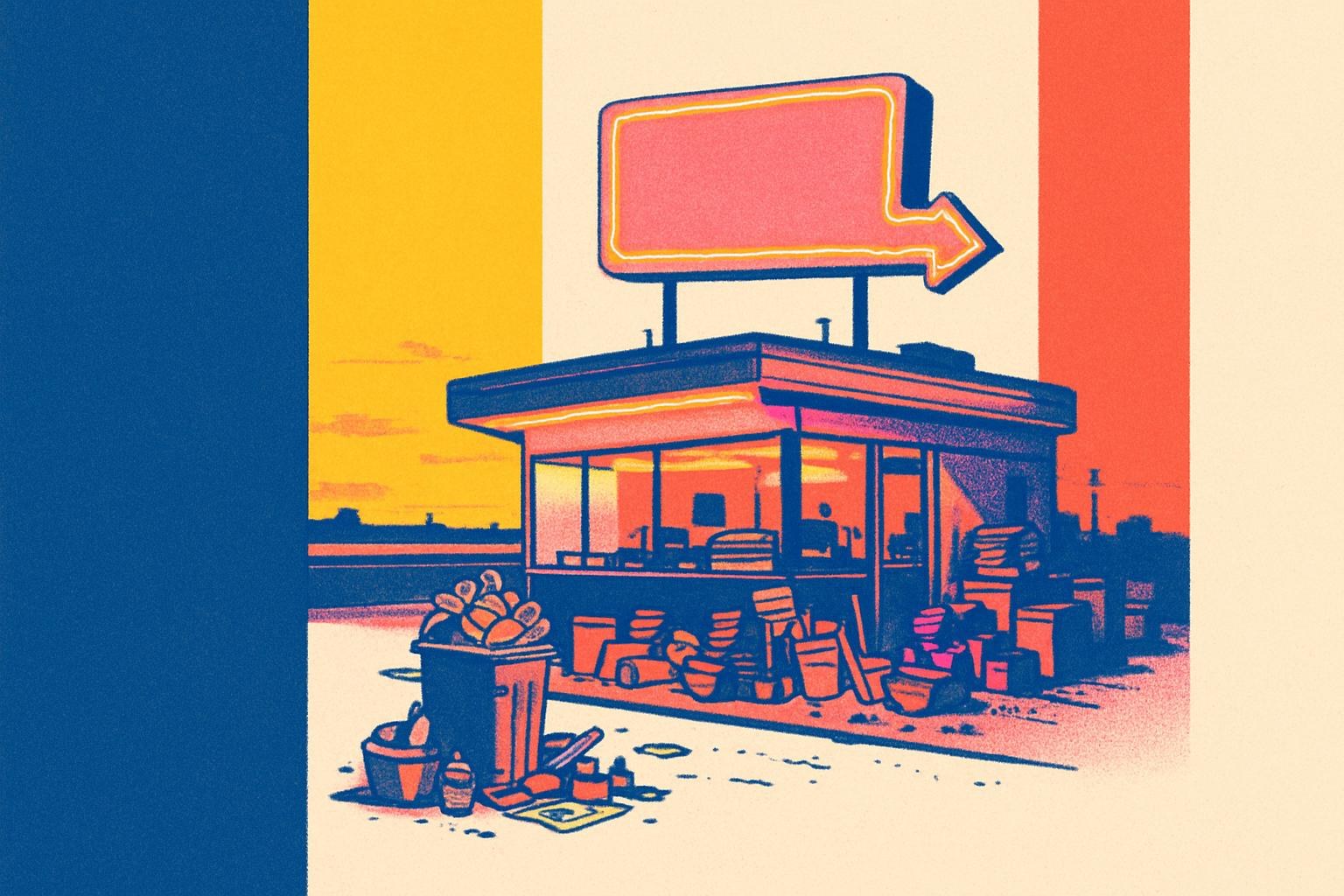 Un diner américain au néon crépusculaire, évoquant la vision satirique des Etats-Unis dans le récit.