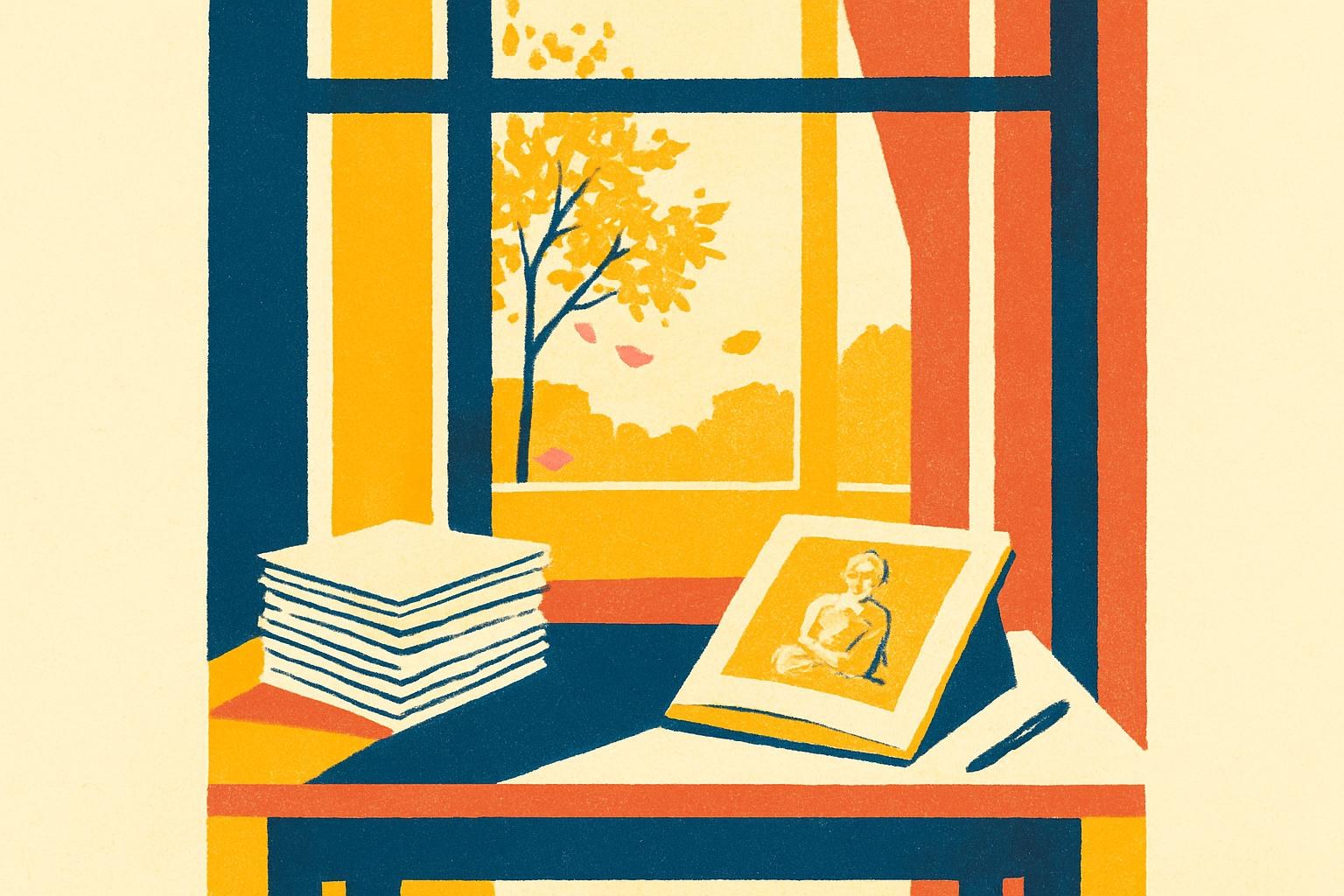 Un escritorio de madera con manuscritos y un libro de arte abierto, iluminado por una luz otoñal, evocando el premio André Malraux.