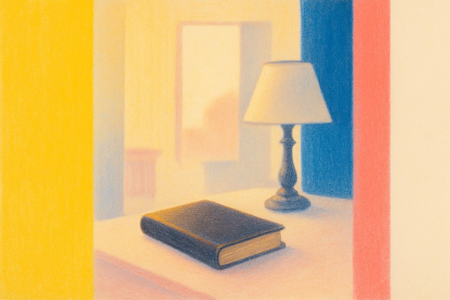 Un cuaderno de cuero cerrado sobre un escritorio, bajo la tenue luz del atardecer.