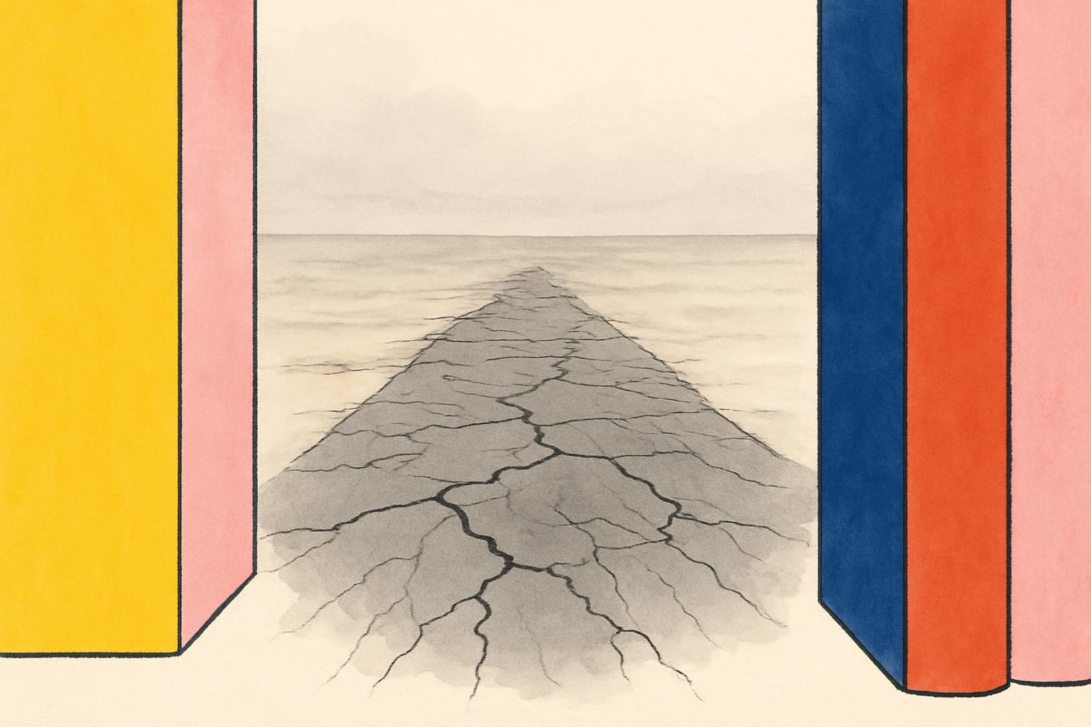 A cracked stretch of tar under a grey, ashen sky, evoking a post-apocalyptic landscape.