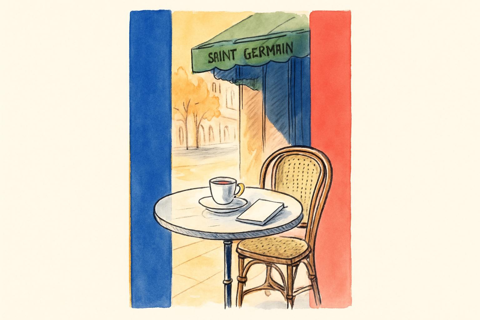 Une table de café dressée sur une terrasse parisienne, dans la lumière d'automne.