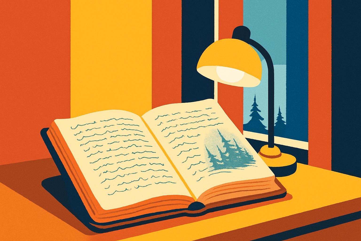 An open handwritten notebook with a sketched forest in the margin, lit by a brass lamp beside a window showing a wintry northern landscape.