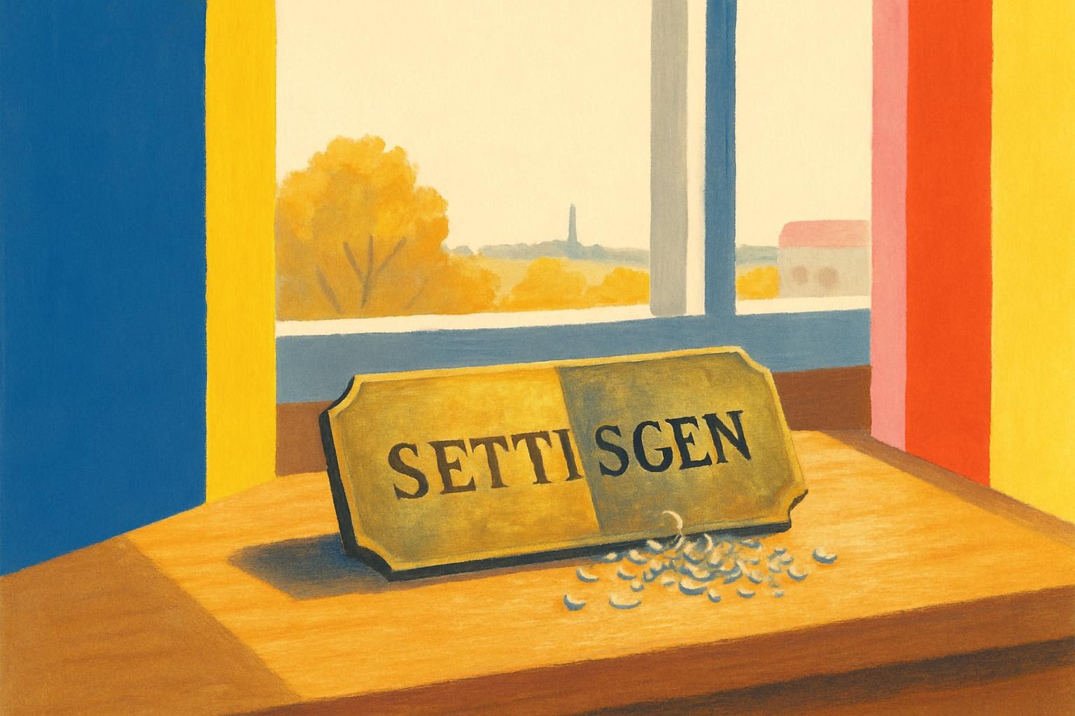Une plaque en laiton posée sur un bureau, à moitié gravée d'un nom de famille et à moitié d'un autre, dans une lumière d'automne douce.