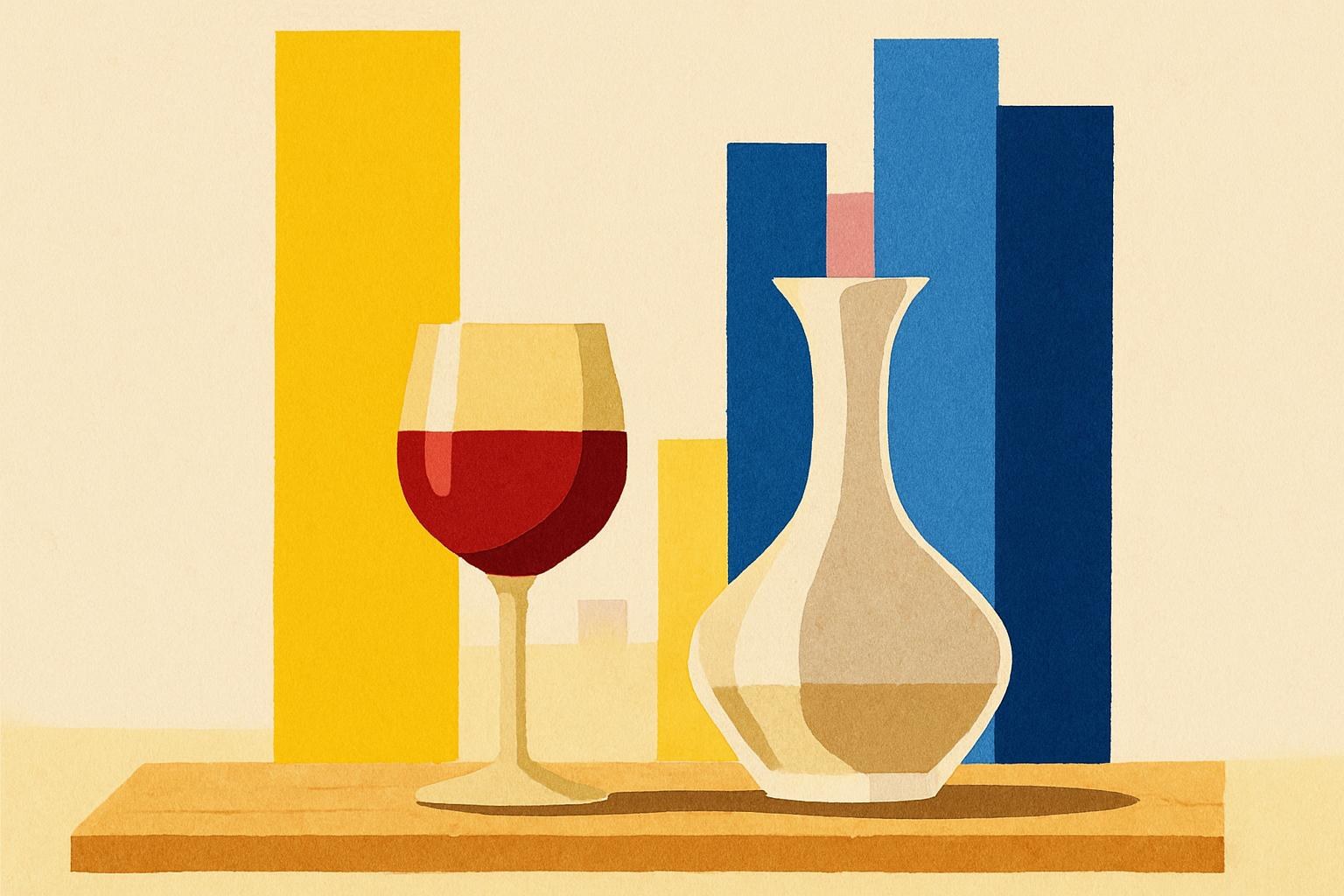 A wine glass and empty decanter on a wooden table in dim cellar light.
