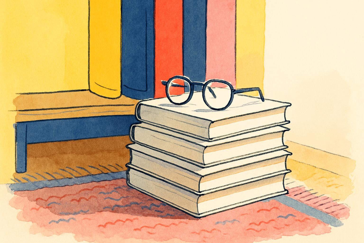 Una pila de libros de tapa dura con lomos en blanco sobre un estante bajo, iluminada por la luz de la mañana.
