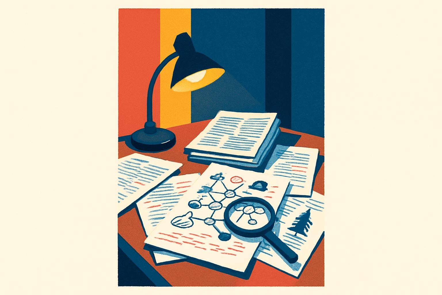 A scholar's desk covered in annotated papers and a diagram of interconnected networks, lit by a lamp.