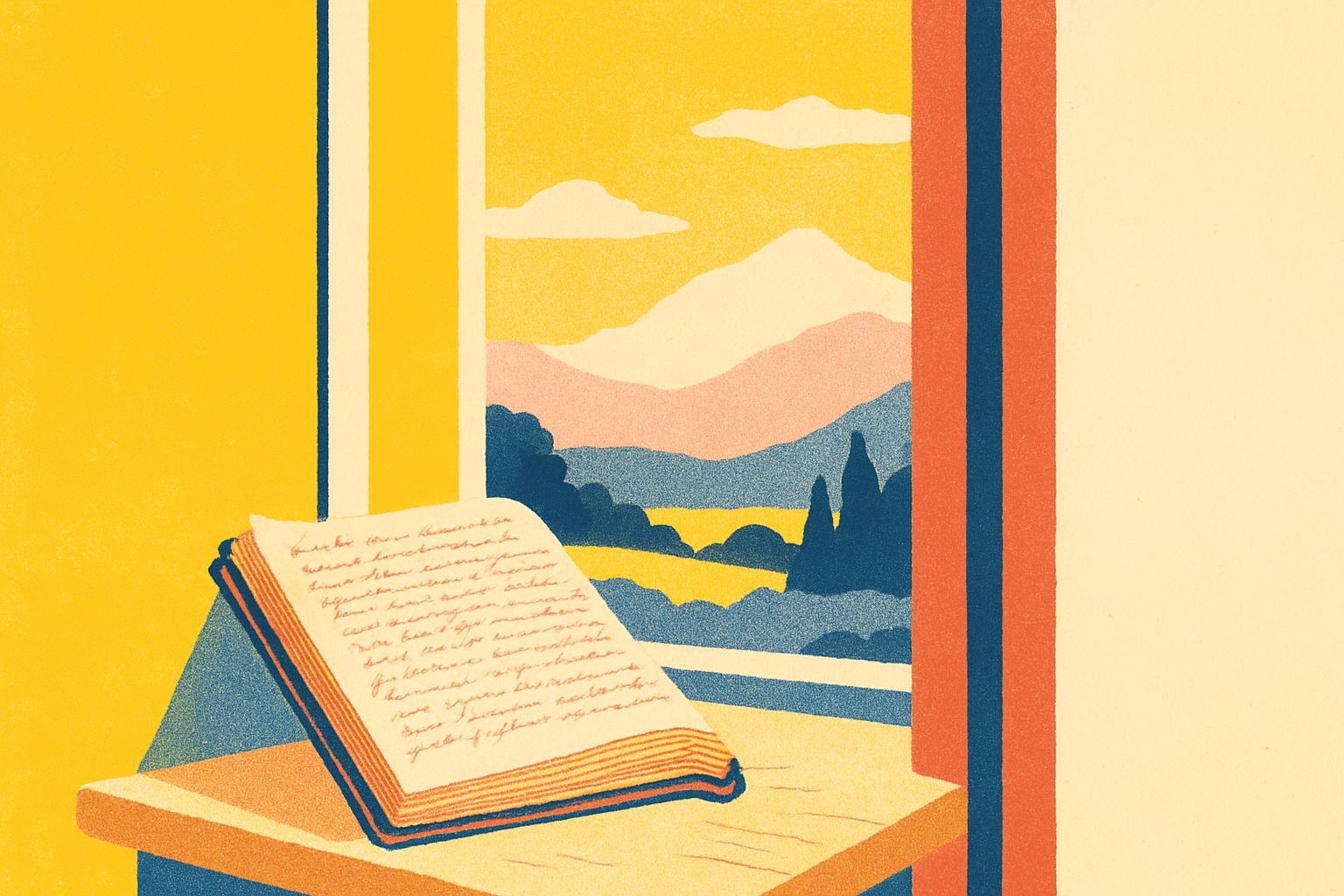 An open antique manuscript on a wooden table lit by a window overlooking a Swiss valley.