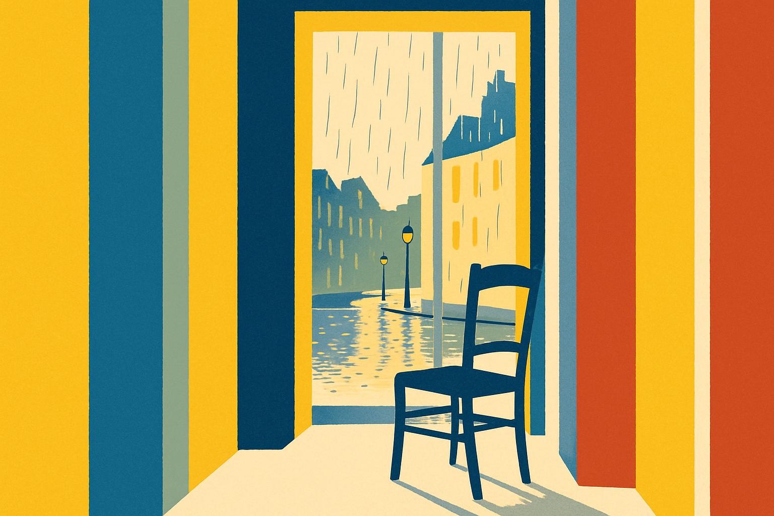 A rain-streaked window overlooking a dim Brussels street at dusk, with an empty chair silhouetted against the glass.