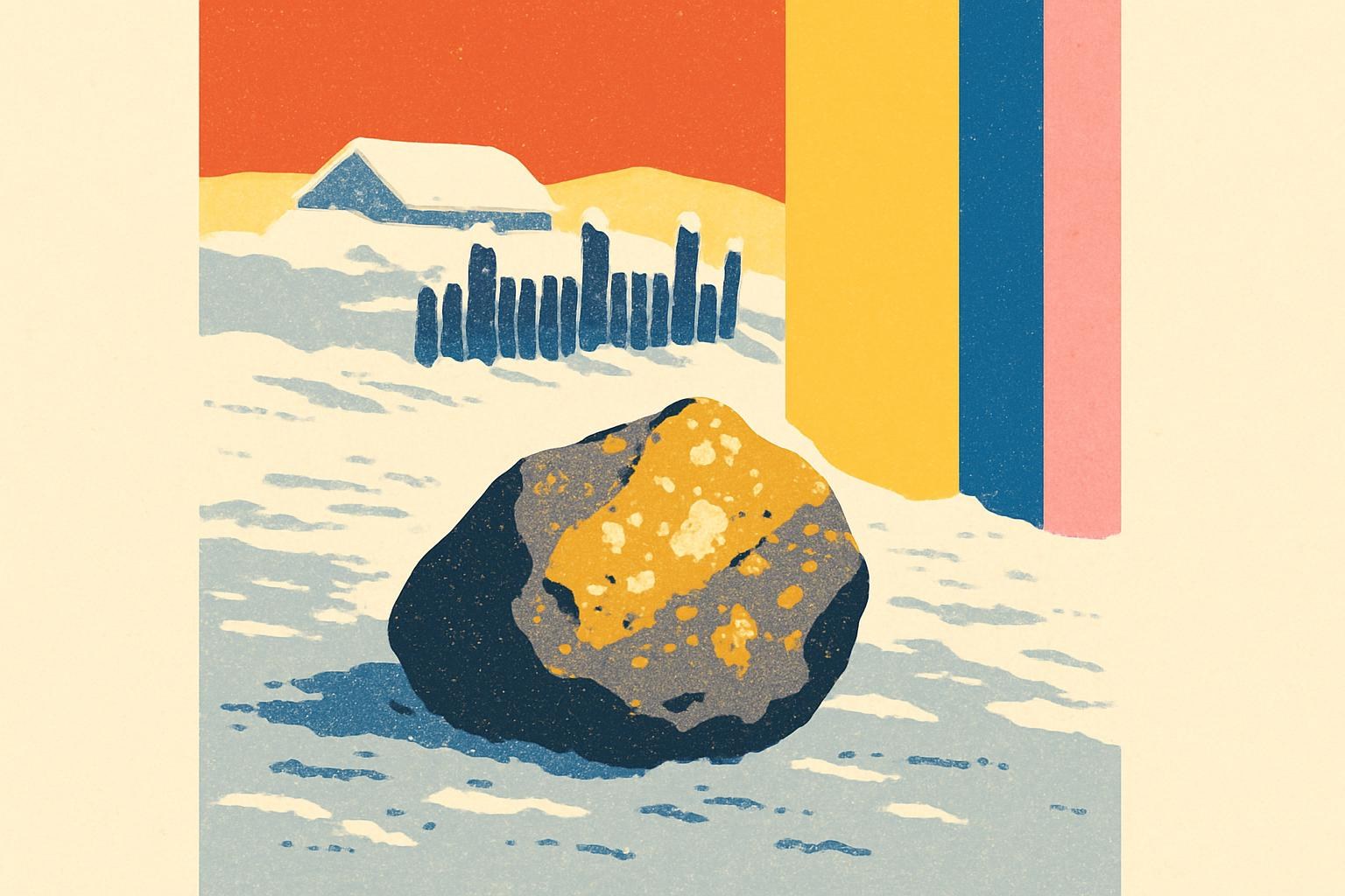 Una piedra veteada de oro descansa sobre tierra helada junto a la empalizada de madera de una colonia nórdica remota, al amanecer.