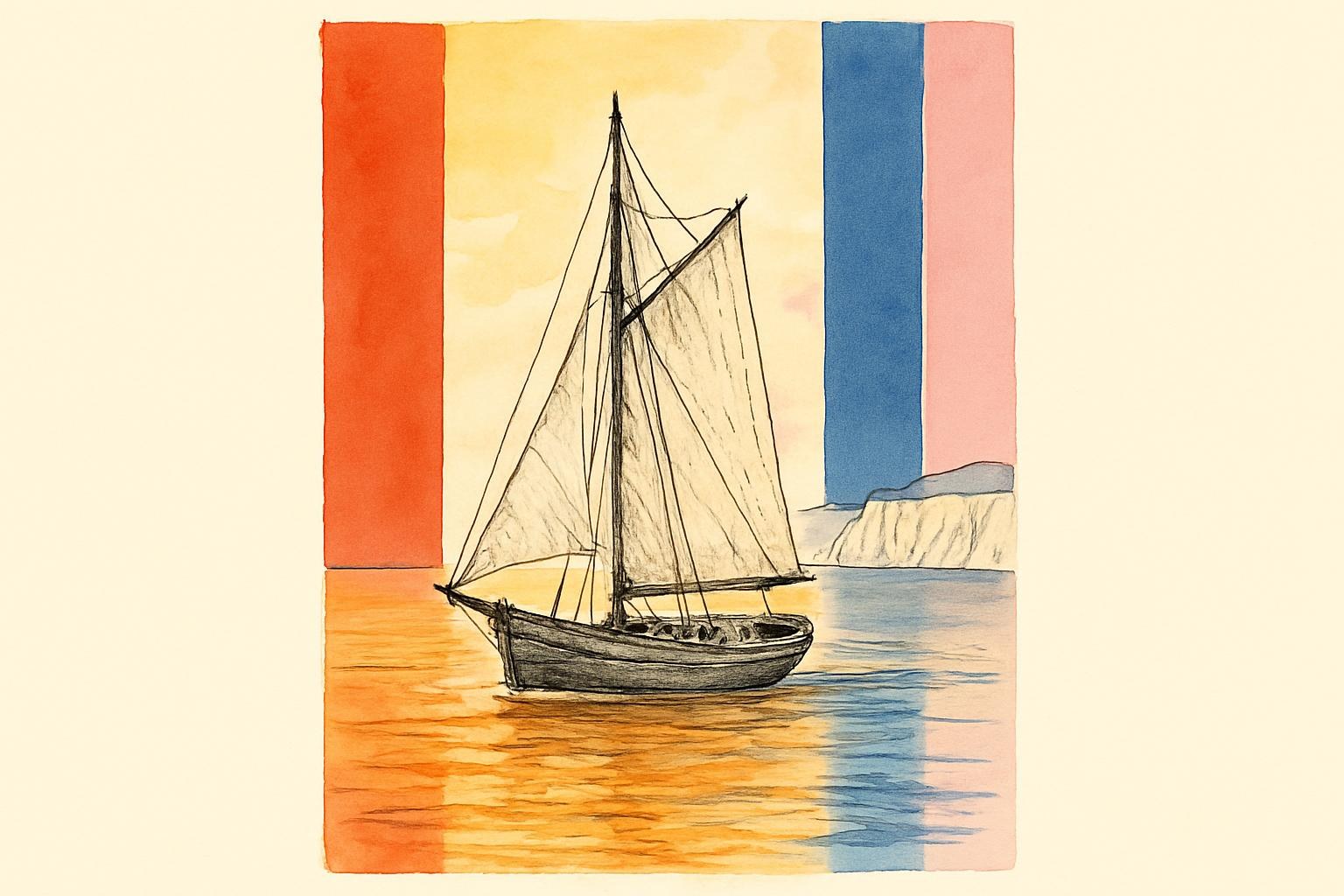 Un voilier traversant la Méditerranée au crépuscule, avec des falaises pâles à l'horizon.