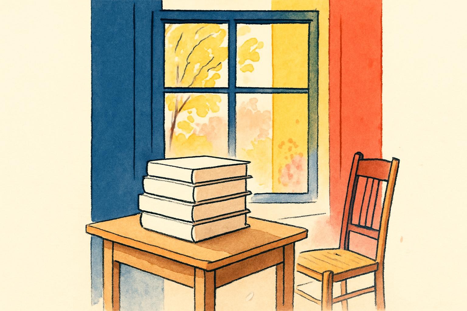 A stack of unmarked hardcover novels on a wooden table lit by autumn light, evoking a reader jury's deliberation.