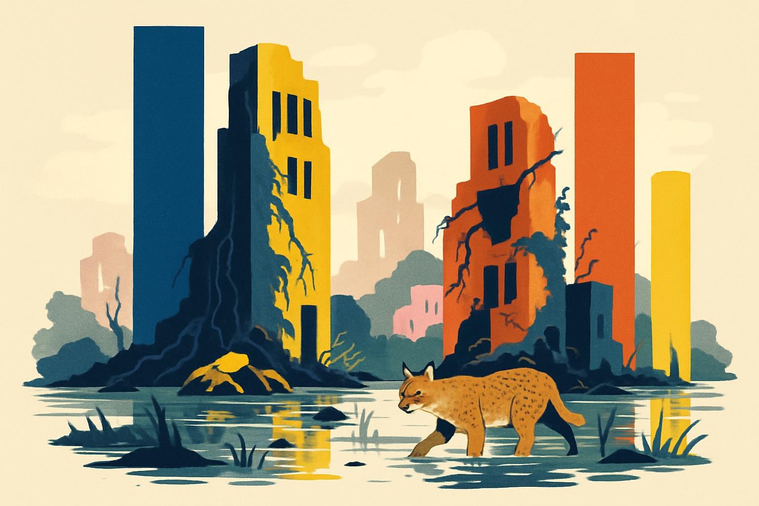A rewilded, flooded city street with collapsing skyscrapers, vines, and a lynx moving through standing water under grey light.