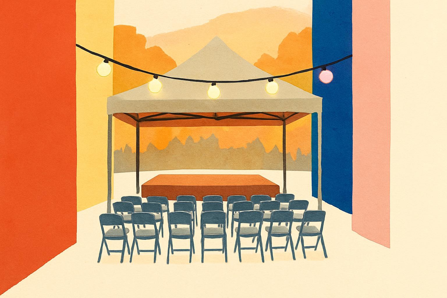An empty festival pavilion at dusk in a Vincennes park, chairs set out beneath string lights.