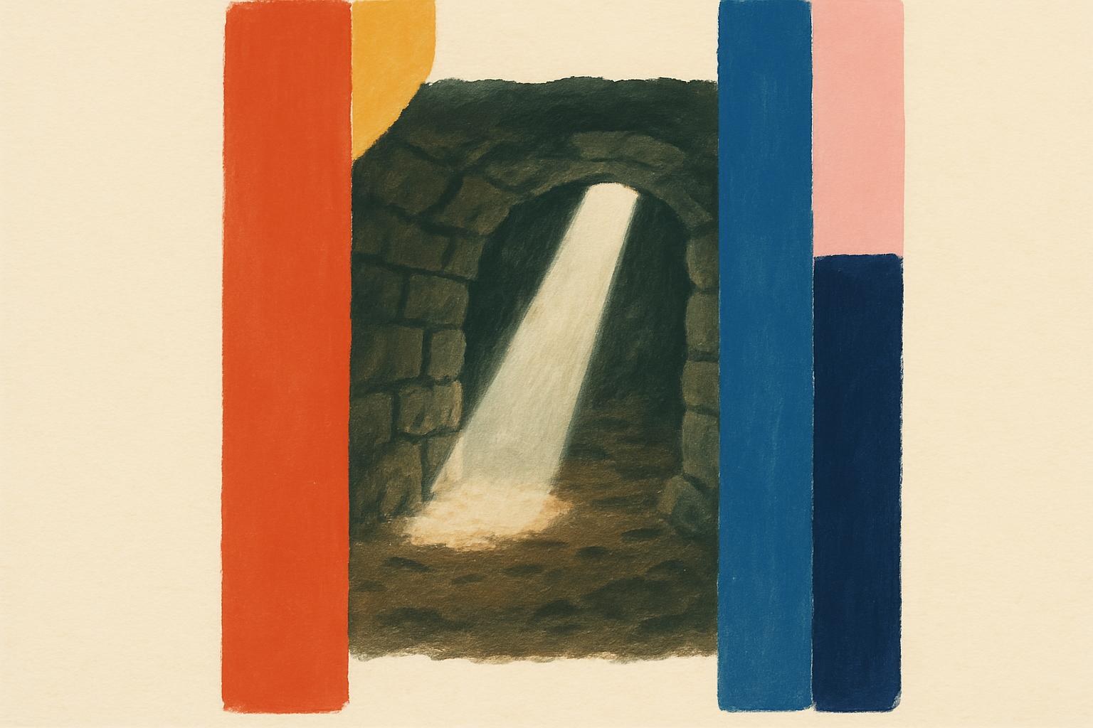 Un rayon de lumière tombant dans un passage souterrain de pierre.